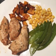 Chicken breast, sweetcorn, sweet potatoes and mange tout